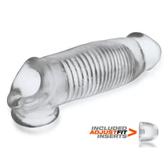Side profile of HULK cock sheath in clear TPR with AdjustFit insert shown beside product for scale