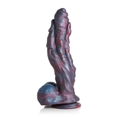 Side profile of Hydra silicone dildo showing twisted multi-head shape and marbled finish