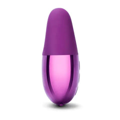 Side profile of Le Wand Double Vibe showing smooth silicone tip and shiny metallic purple base