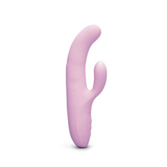 Side profile of Le Wand Hither pink rabbit vibrator highlighting smooth silicone finish and dual arms