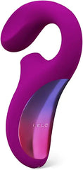 Side profile of LELO Enigma Cruise deep rose showing dual-arm design and gradient metallic control panel