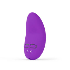Side profile of LELO NEA Originals purple massager highlighting logo and control button