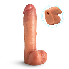 Side profile of LoveBotz realistic dildo showing textured shaft and adapter port at base