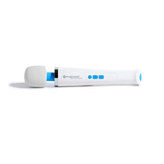 Side profile of the Magic Wand Waterproof massager showing logo, button panel, and tapered handle