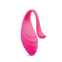 Side profile of medium curved vibrating egg showing ribbed texture detail and flexible anchor tail