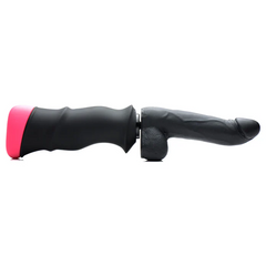 Side profile of Mega-Pounder showing ergonomic black handle and attached realistic dildo