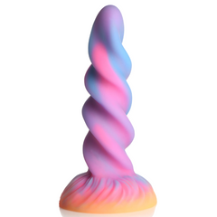 Side profile of Moon Rider unicorn dildo showing full pastel swirl spiral texture detail
