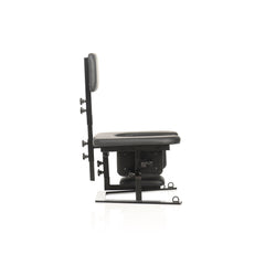 Side profile view showing multi-point adjustable backrest height knobs on black steel frame