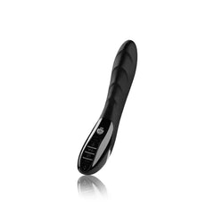 Side profile of Mystim Sizzling Simon showing curved silicone body and gloss control panel