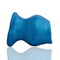 Side profile of Oxballs Pig Hole Morph plug showing contoured waist and flared base, metallic blue