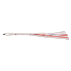 Side profile of the Peaches n CreaMe flogger showing full length handle and flat ribbon tails