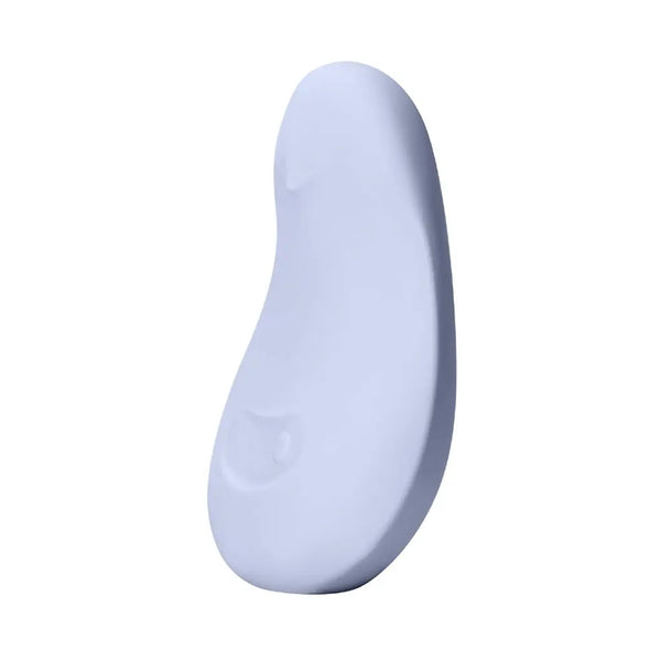 Side profile of the Pom Ice vibrator showing its curved ergonomic silicone shape in pale blue