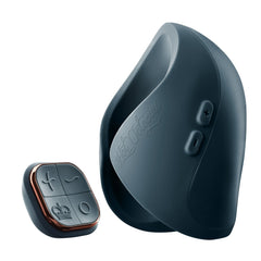 Side profile of Pulse Duo with control buttons and rose-gold trimmed remote beside it