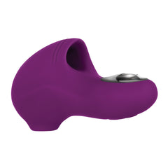 Side profile of purple finger stimulator highlighting ergonomic curve and silver accent detail at base