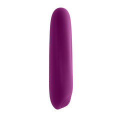 Side profile of purple silicone bullet vibrator showing slim full-length body and subtle base button