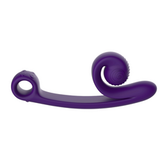 Side profile of purple Snail Curve vibrator highlighting ergonomic curved shaft and textured head