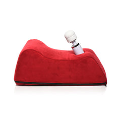 Side profile of red velvet Deluxe Wand Saddle with wand inserted into centre holding slot