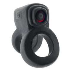 Close side profile of REVHAMMER double ring with red-accented vibrator button visible