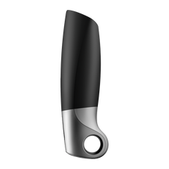 Close-up side profile of Satisfyer Power Masturbator showing smooth black silicone and silver base