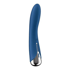 Side profile of Satisfyer Spinning Vibe 1 showing control buttons and chrome base detail