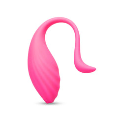 Side profile of small ribbed vibrating egg with upward-curving silicone retrieval tail