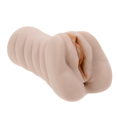 Side profile of the soft stroker insert outside its canister, showing dual-entry design