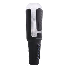 Side profile of Squeeze Play stroker displaying clear sleeve housing and tactile grip panels