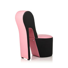 Side profile of Stiletto Sex Chair revealing hidden zipper compartment on pink-black vinyl body