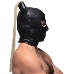 Side profile of STRICT bondage hood with 20-inch blonde ponytail extending from top closure