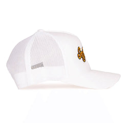 Side profile of white mesh trucker cap showing breathable back panel and curved brim