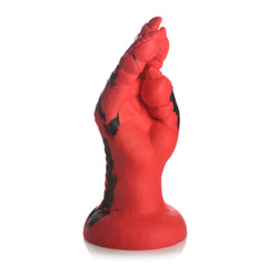 Side view of red and black Demon Claw silicone dildo showing clenched fist sculpt detail