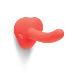 Side view of red silicone curved dildo with suction-cup base, showing smooth matte texture