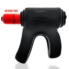 Side view of REVHAMMER with red REVERB bullet vibe inserted into silicone shaft cradle