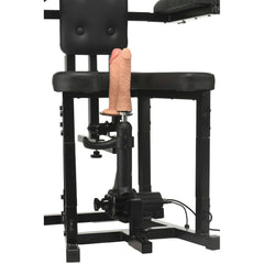 Side close-up of sex machine motor and Vac-U-Lock shaft assembly beneath the Enforcer Chair seat