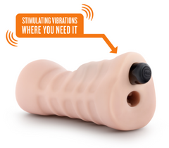 Side view of Skye stroker showing bullet vibrator inserted into base port for targeted vibration