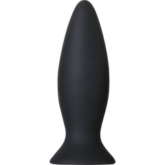 Close-up side view of small black silicone anal plug with tapered tip and flared suction base