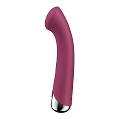 Close-up side view of Spinning G-Spot 1 berry silicone curved body and chrome base detail
