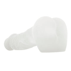Side view of Stroke & Poke dual-end stroker lying flat, showing realistic shape and soft white material