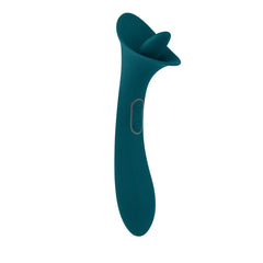Side view of teal True Indulgence vibrator showing two control buttons on the handle