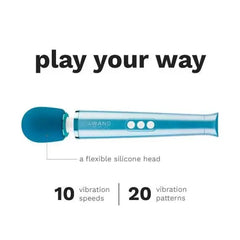 Side view of teal wand massager with callout showing 10 vibration speeds and 20 patterns