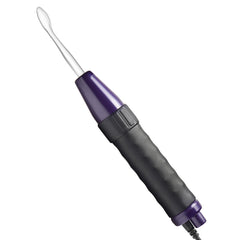Side view of violet wand handle with spoon-shaped glass electrode inserted into purple collar fitting