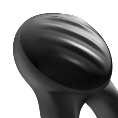 Close-up of Signet Ring ribbed oval vibrating head in smooth black body-safe silicone