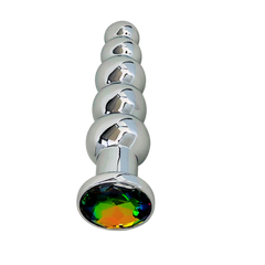 Silver beaded anal plug with multi-colour faceted jewel base, front-facing upright view