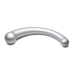 Silver dual-ended silicone G-spot wand lying flat, showing symmetrical curved body and ball tips