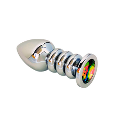 Silver ribbed metal anal plug with multicolour crystal accent shown from side angle