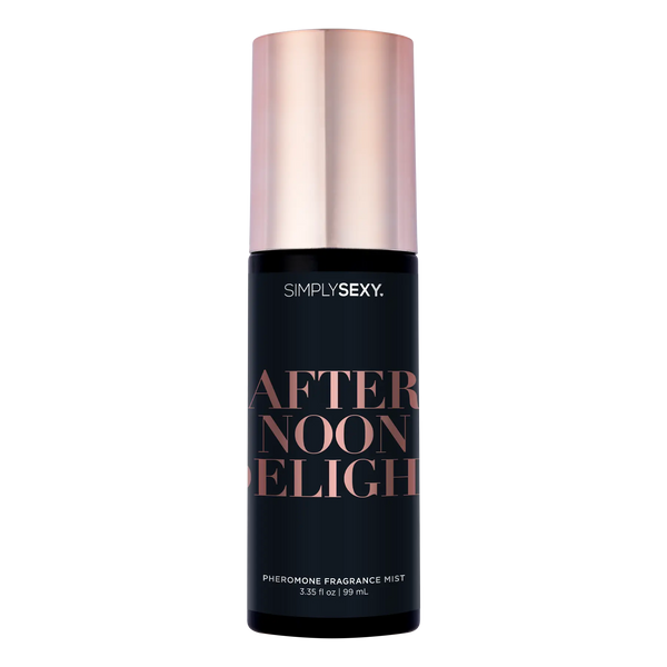 Simply Sexy Afternoon Delight pheromone fragrance mist, 99 mL, in a sleek black bottle with rose-gold cap