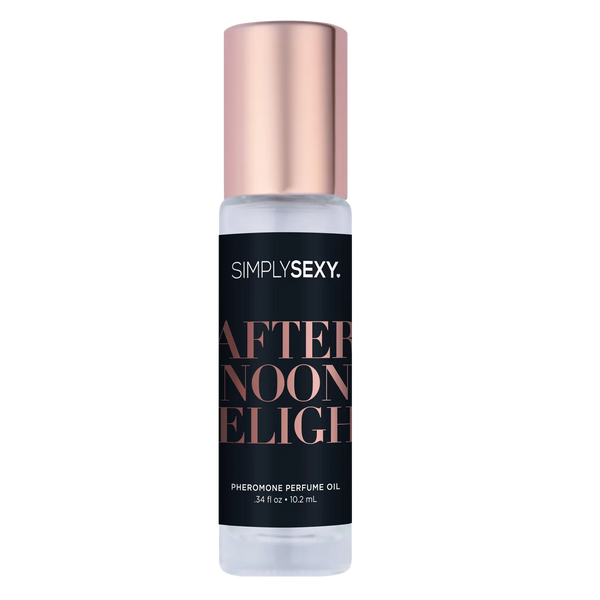 Simply Sexy Afternoon Delight pheromone perfume oil in a clear glass roll-on bottle with rose gold cap