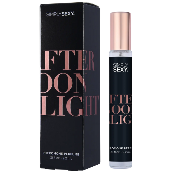 Simply Sexy Afternoon Light pheromone perfume spray with black box and rose gold cap