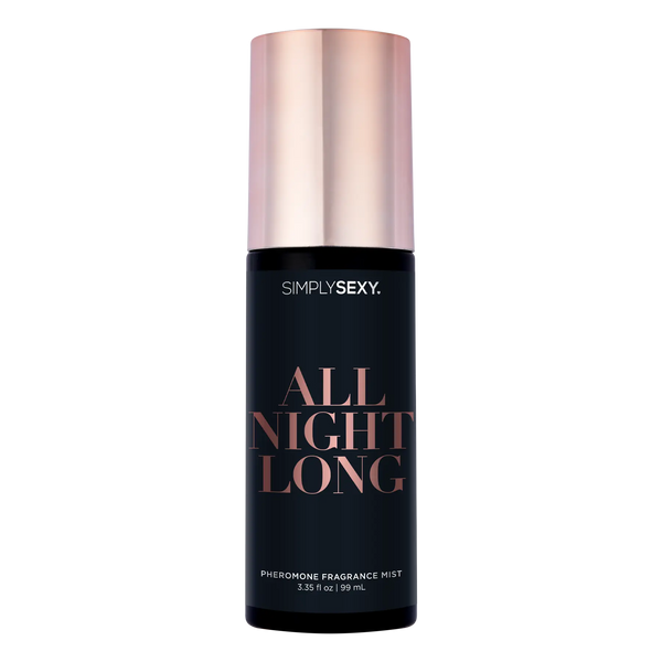 Simply Sexy All Night Long pheromone fragrance mist in a sleek black bottle with rose-gold cap