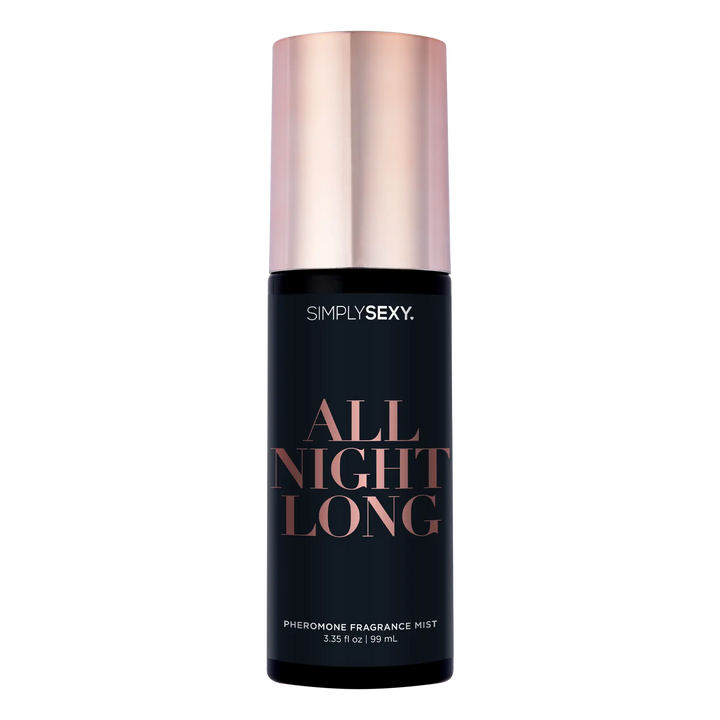 Simply Sexy All Night Long pheromone fragrance mist in a sleek black bottle with rose-gold cap